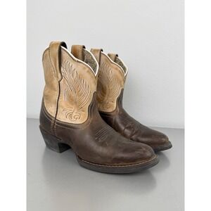 Laredo Tori Cowboy Boots Womens 6.5 M Brown Leather Beige Tan Western Round Toe